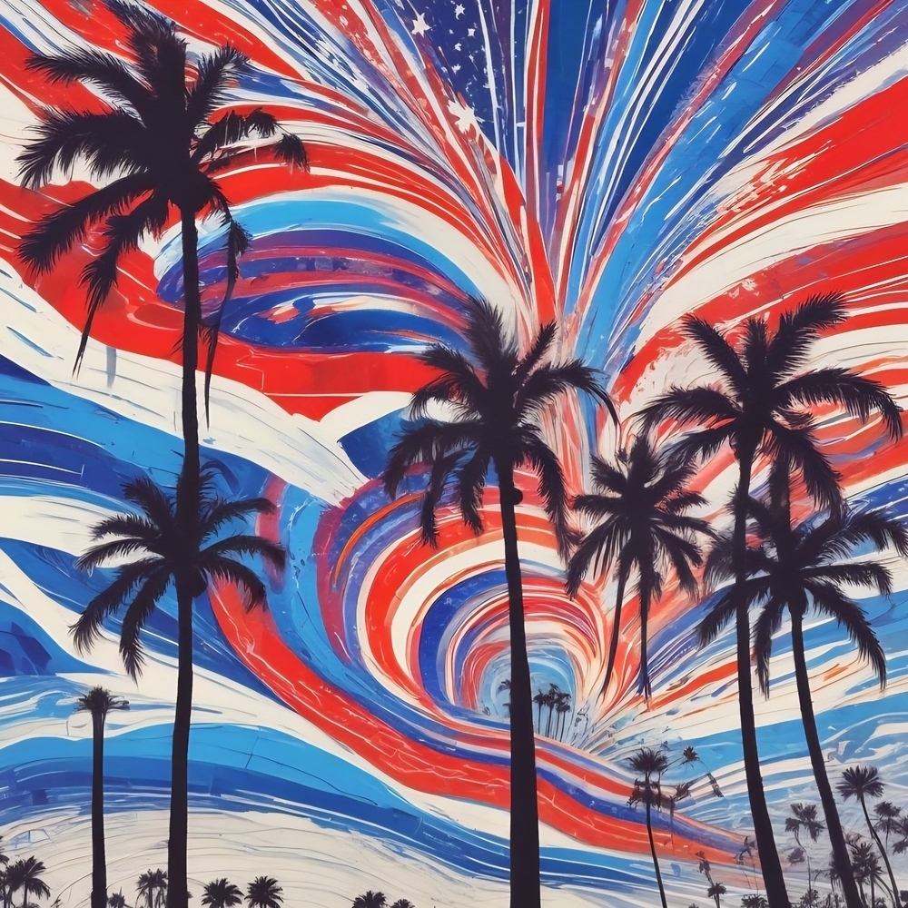 Vibrant Red, White, and Blue Palm Tree Art